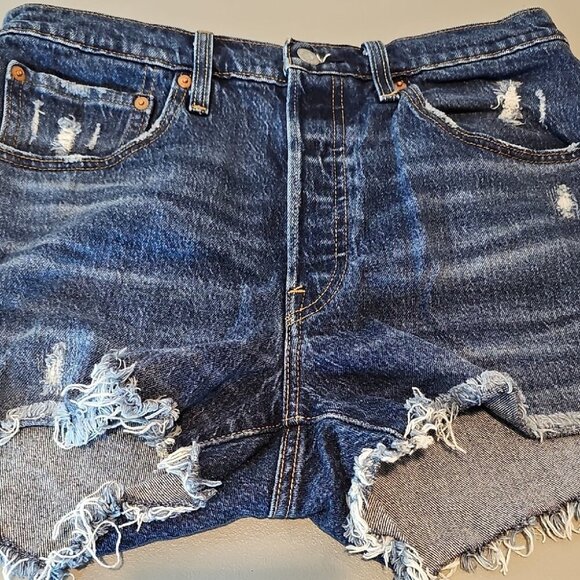 Levi's 501 Blue Distressed Denim Button Fly 32" Waist Jean Shorts - Picture 10 of 13